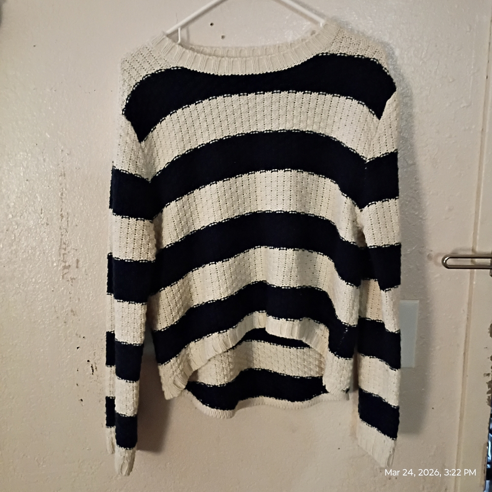 Monteau Navy and White Striped Crewneck Sweater